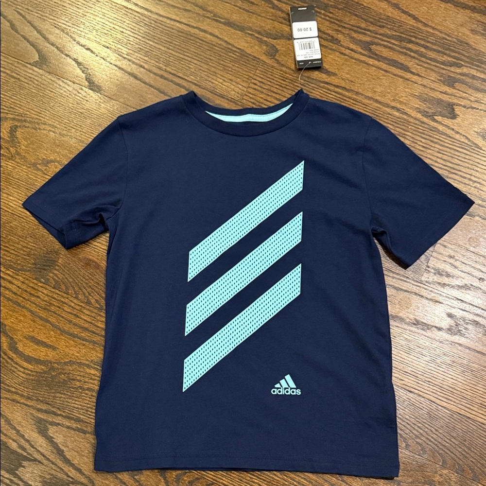 Boys Adidas Navy Blue Tee with Light Blue Stripes